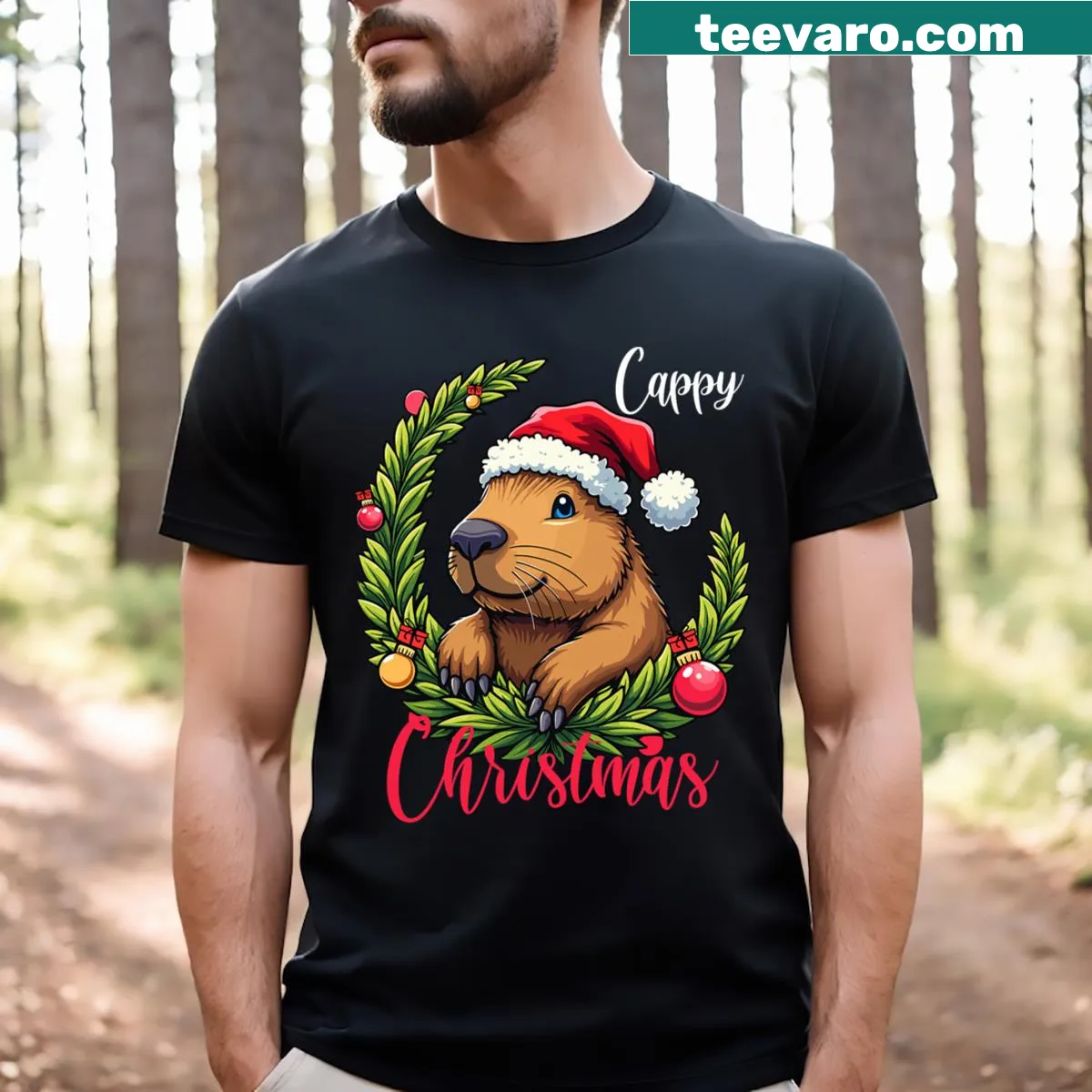 Capybara dressed as Santa illustration on T-shirt — on a men's t-shirt