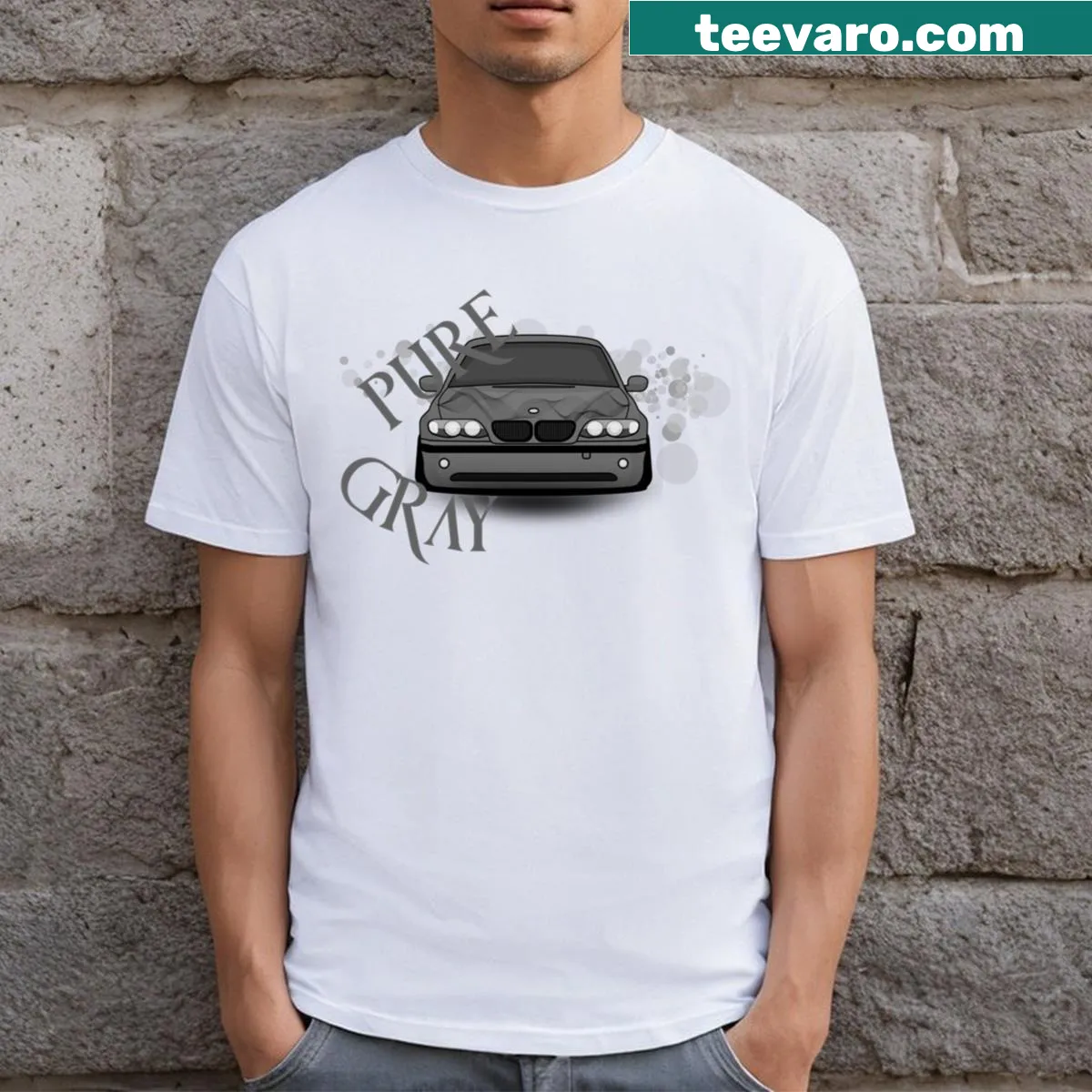 Simple gray t-shirt featuring a car design — on a men's t-shirt