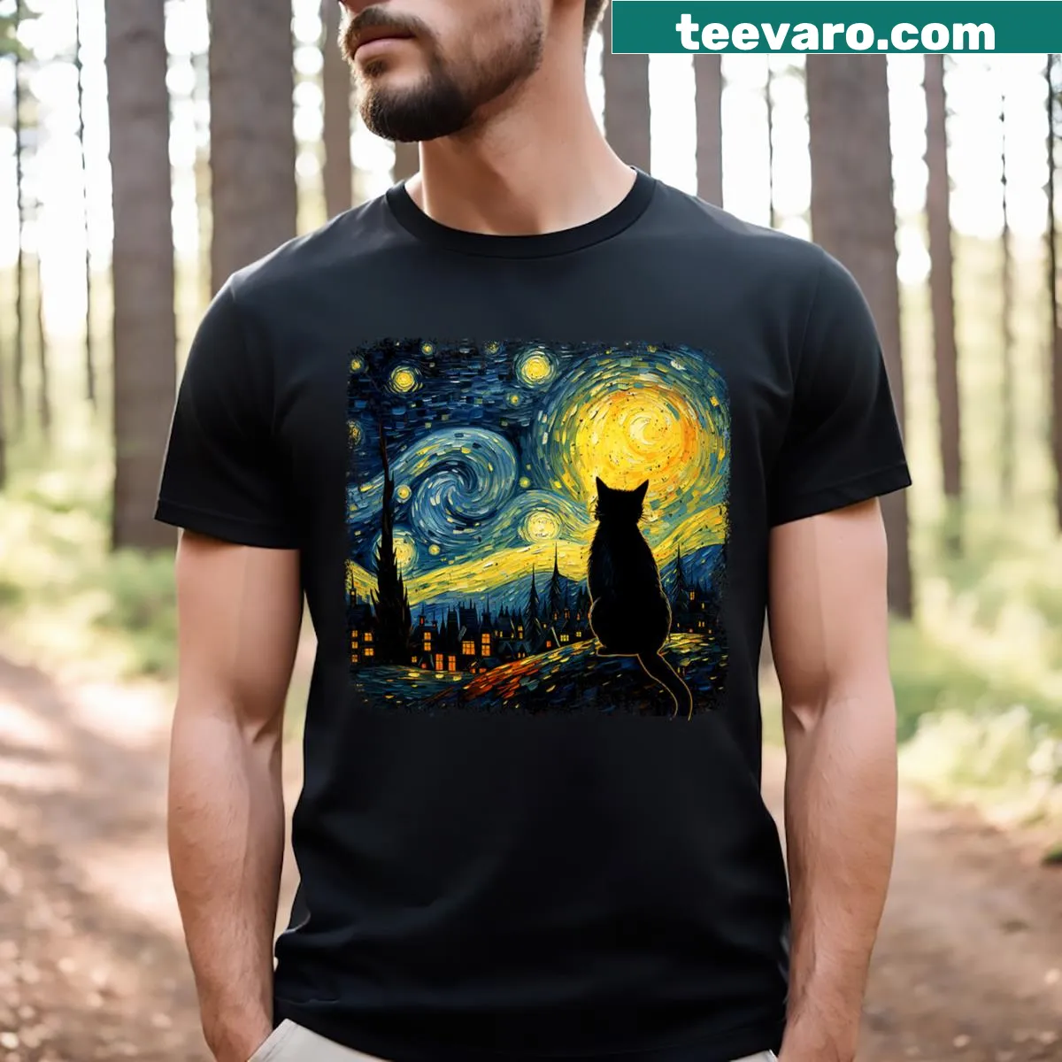 Van Gogh inspired cat design in a starry night style on a T-shirt — on a men's t-shirt
