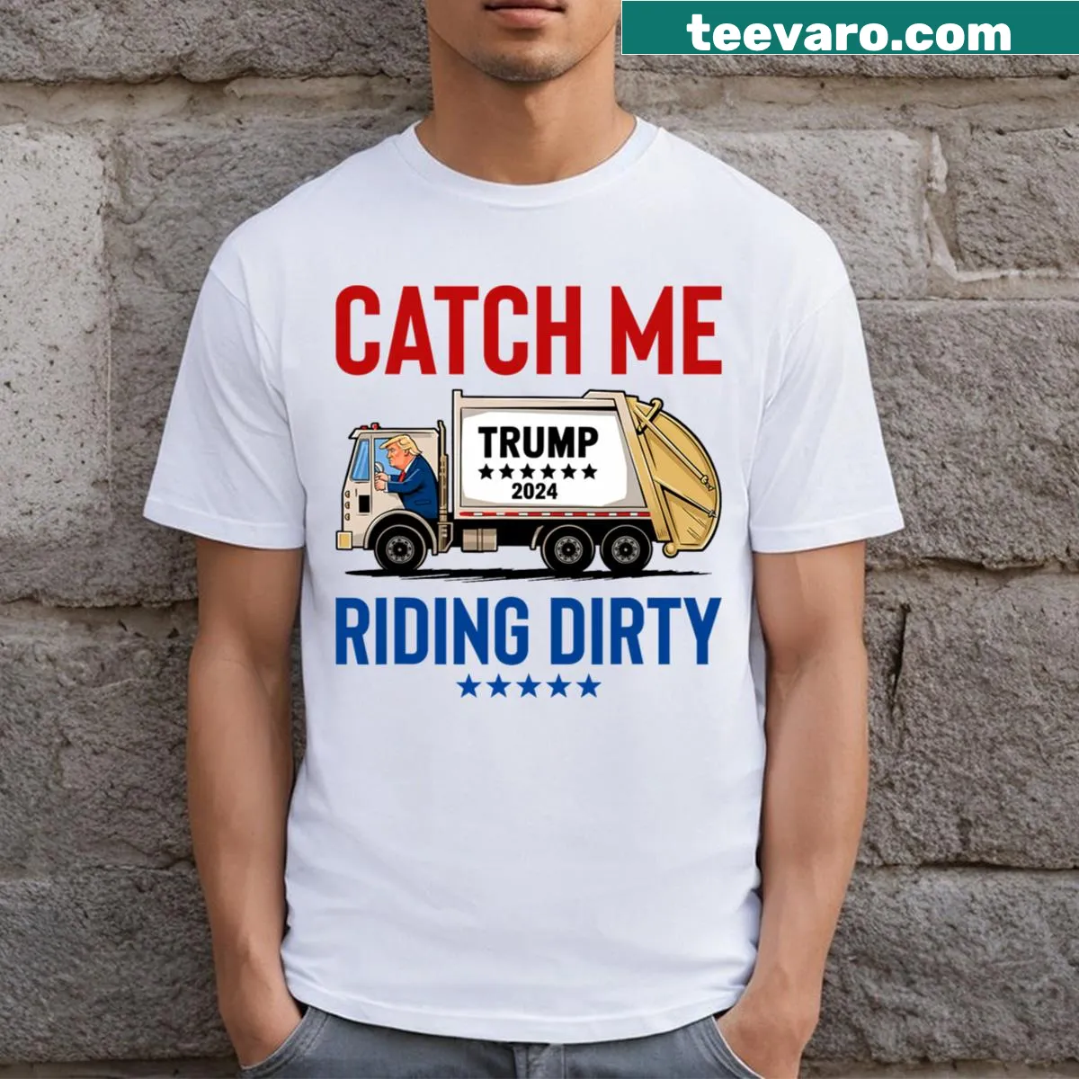 Funny political T-shirt with humorous text about Trump and trucks — on a men's t-shirt