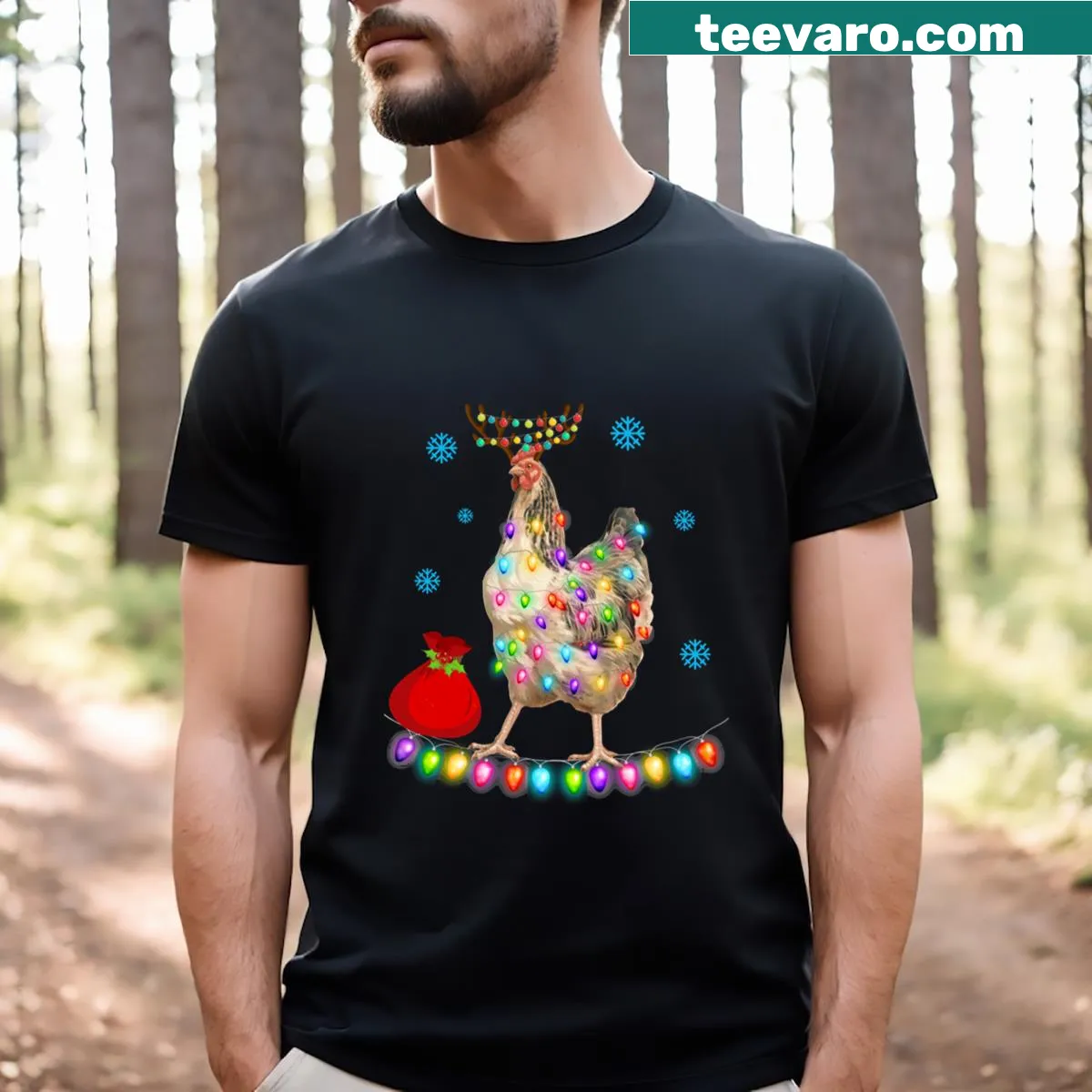Festive chicken design with Christmas elements on a T-shirt — on a men's t-shirt