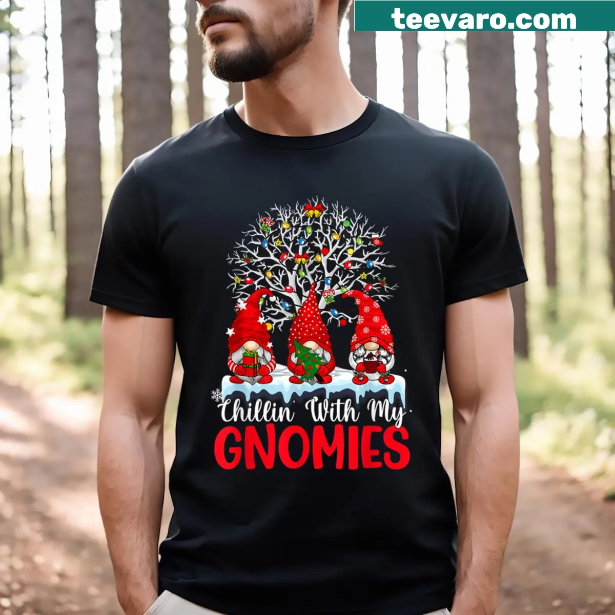 Family-friendly Christmas T-shirt featuring playful gnomes — on a men's t-shirt