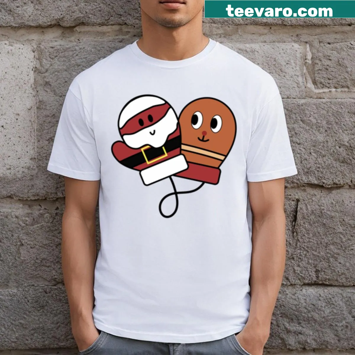 T-shirt featuring festive Christmas gloves design — on a men's t-shirt