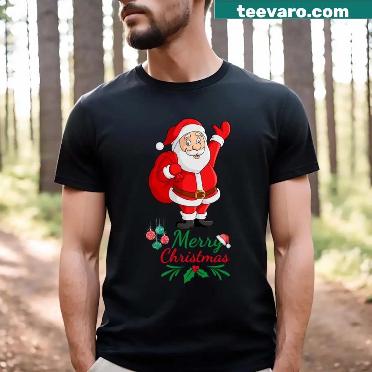 Merry Christmas text graphic on festive t-shirt — on a men's t-shirt