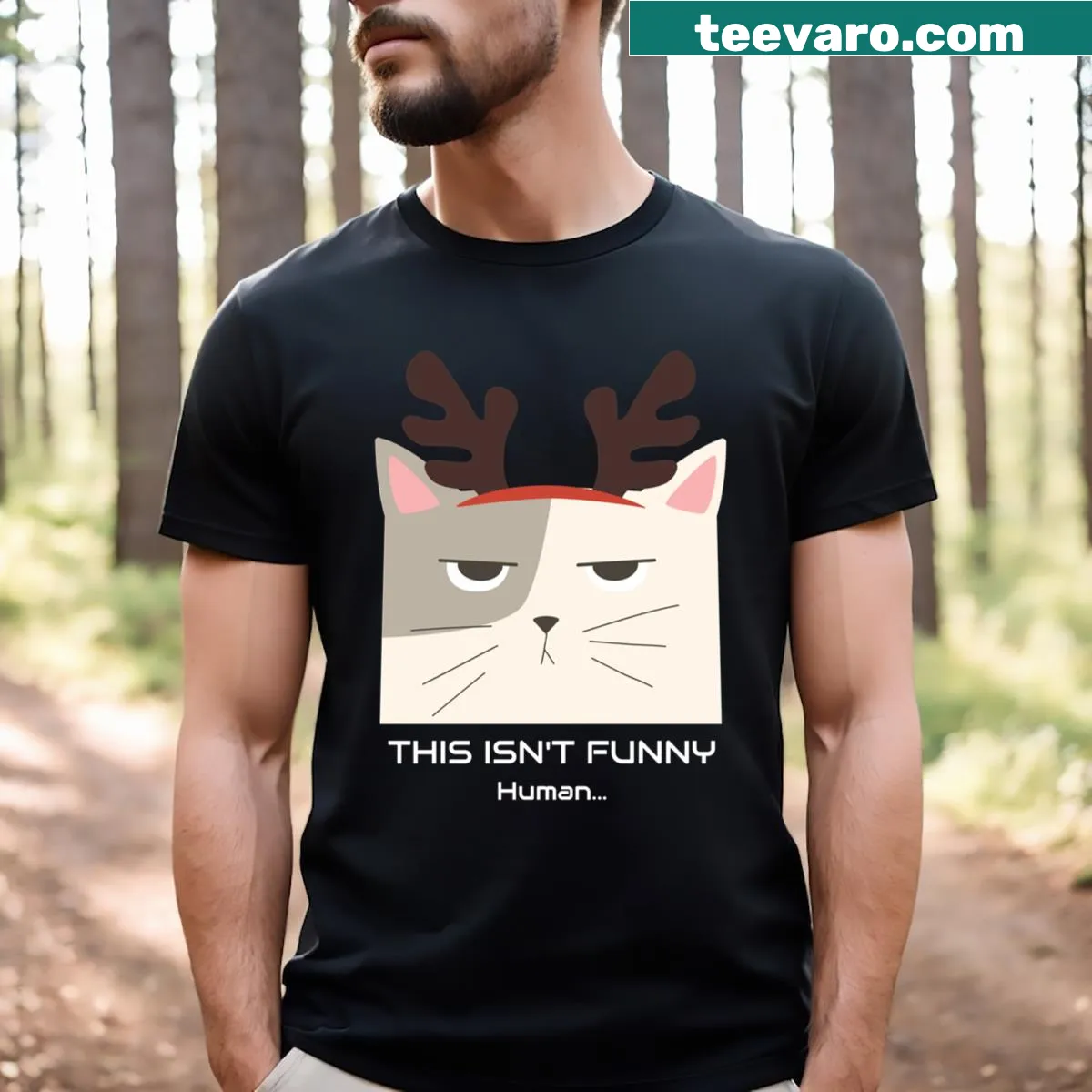 Festive Christmas t-shirt featuring a cat dressed as a reindeer — on a men's t-shirt