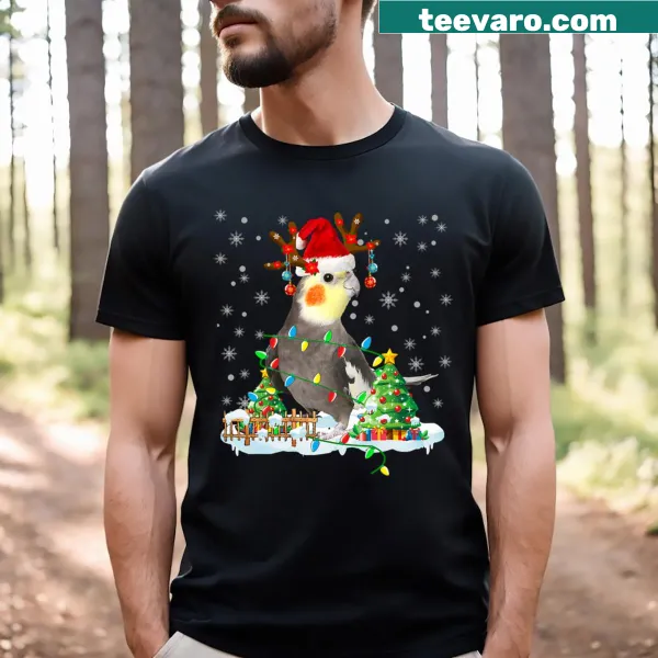 Cockatiel in Santa hat graphic on Christmas T-shirt