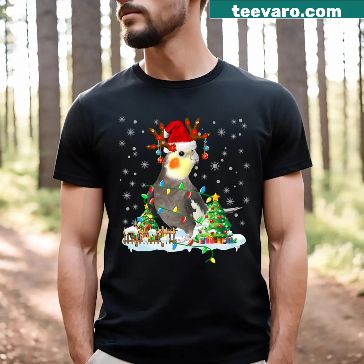 Cockatiel in Santa hat graphic on Christmas T-shirt — on a men's t-shirt