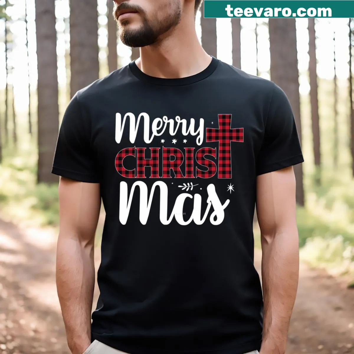 T-shirt with Merry Xmas illustration and plaid present design — on a men's t-shirt