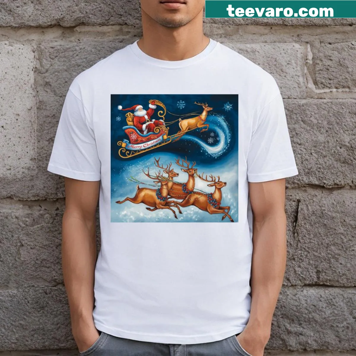 Santa in sleigh graphic on Christmas t-shirt — on a men's t-shirt