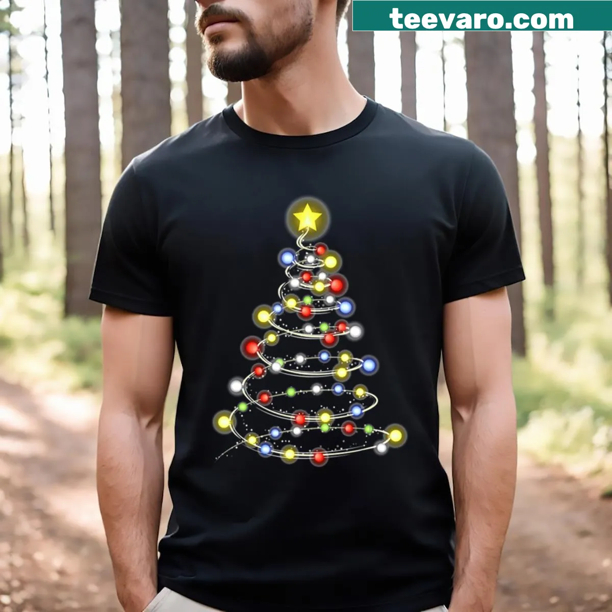 Christmas tree with lights graphic on t-shirt — on a men's t-shirt