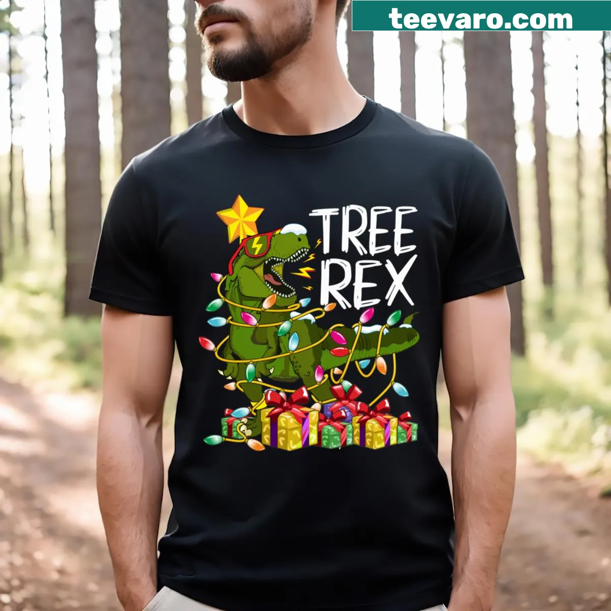 T-shirt featuring a dinosaur styled as a Christmas tree with lights — on a men's t-shirt
