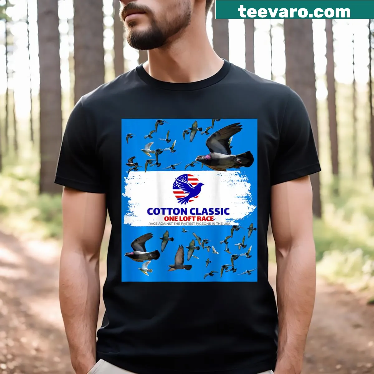 Graphic of racing pigeons on a sport-themed T-shirt — on a men's t-shirt