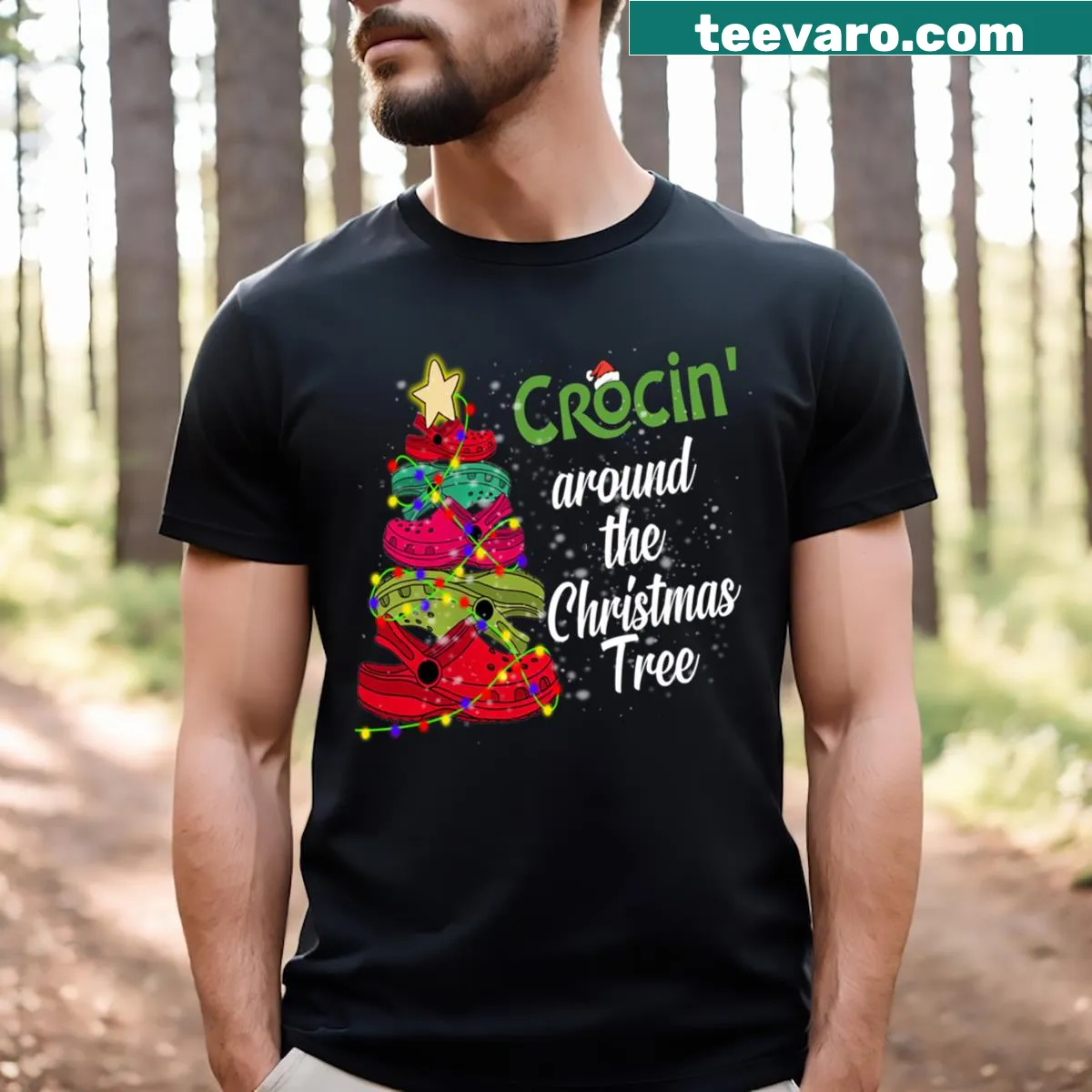 Funny holiday-themed shirt saying 'Crocin Around The Christmas' in festive font. — on a men's t-shirt
