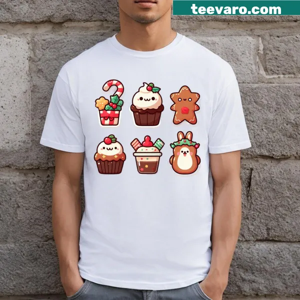Adorable T-shirt featuring illustrated Christmas treats like cookies and candies.