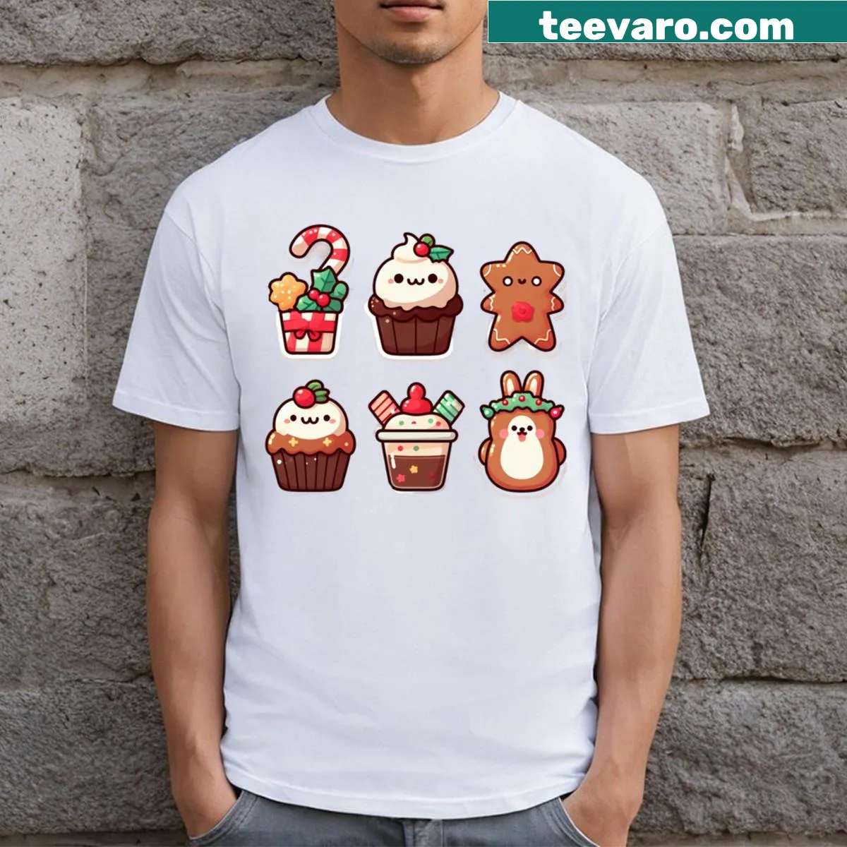 Adorable T-shirt featuring illustrated Christmas treats like cookies and candies. — on a men's t-shirt