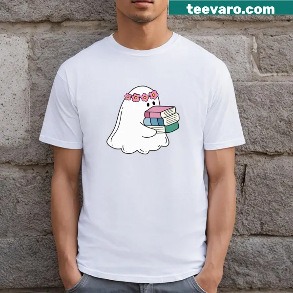 Charming ghost with floral crown and books design