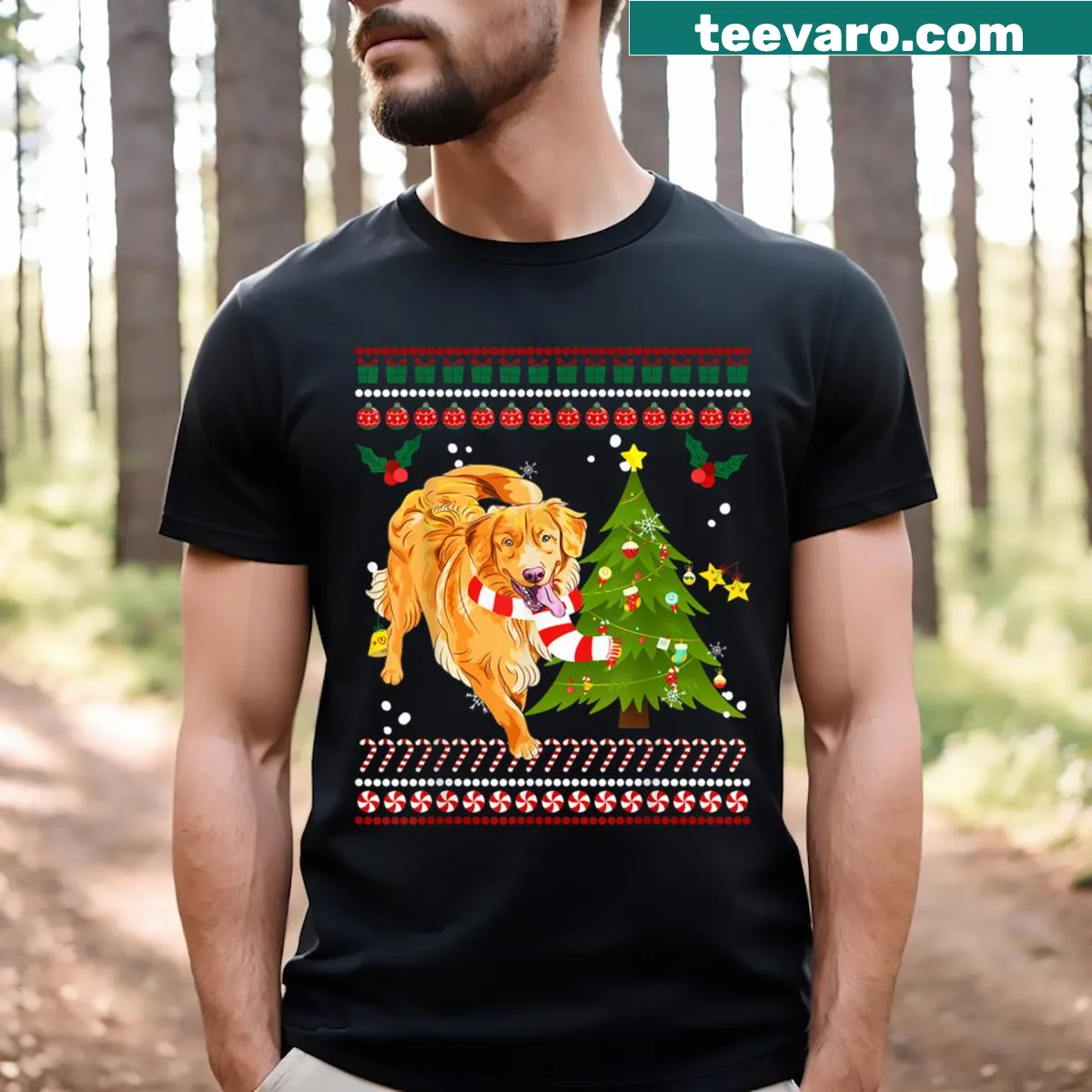 Golden retriever surrounded by pine on a Christmas T-shirt — on a men's t-shirt
