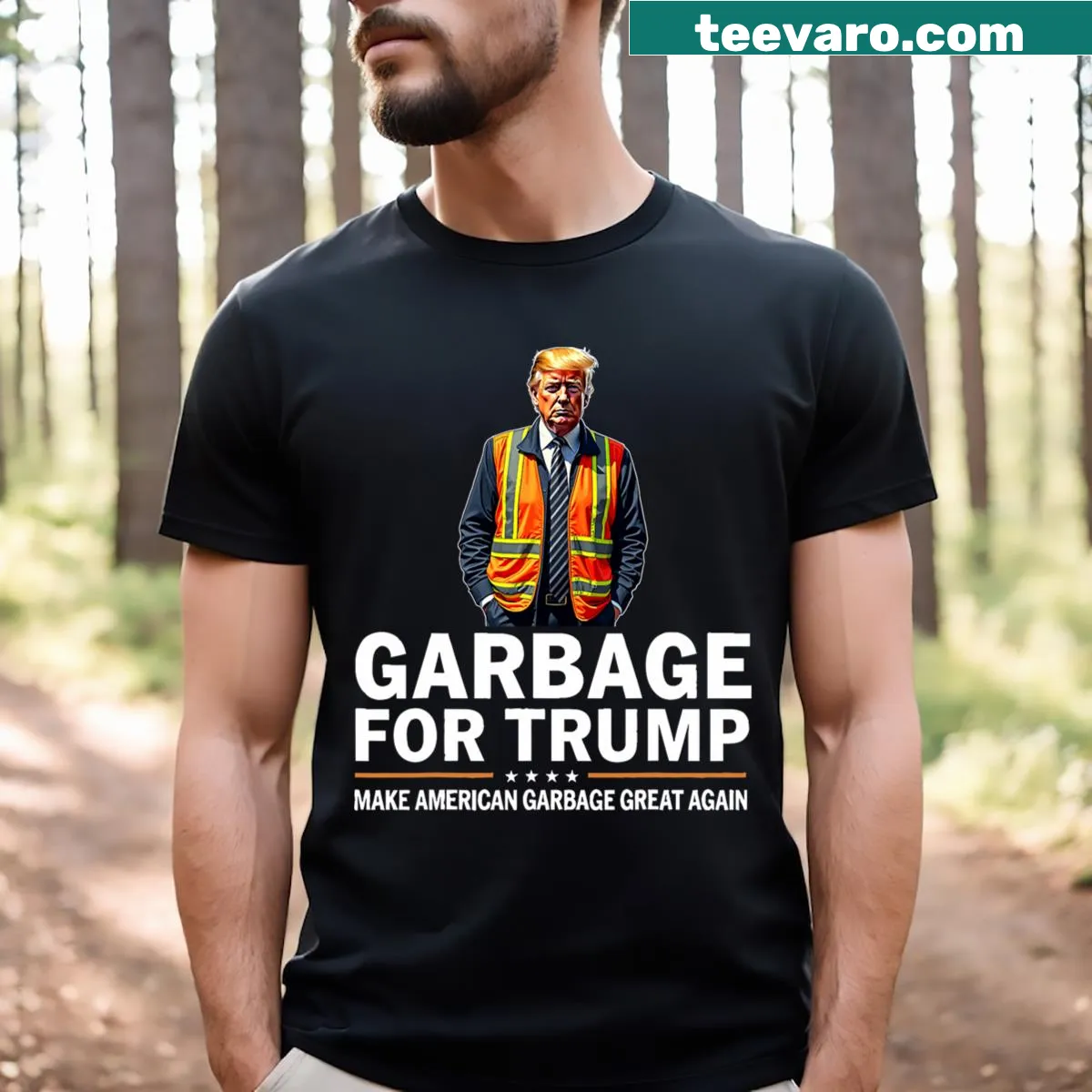 Funny Donald Trump reflective safety vest graphic T-shirt — on a men's t-shirt