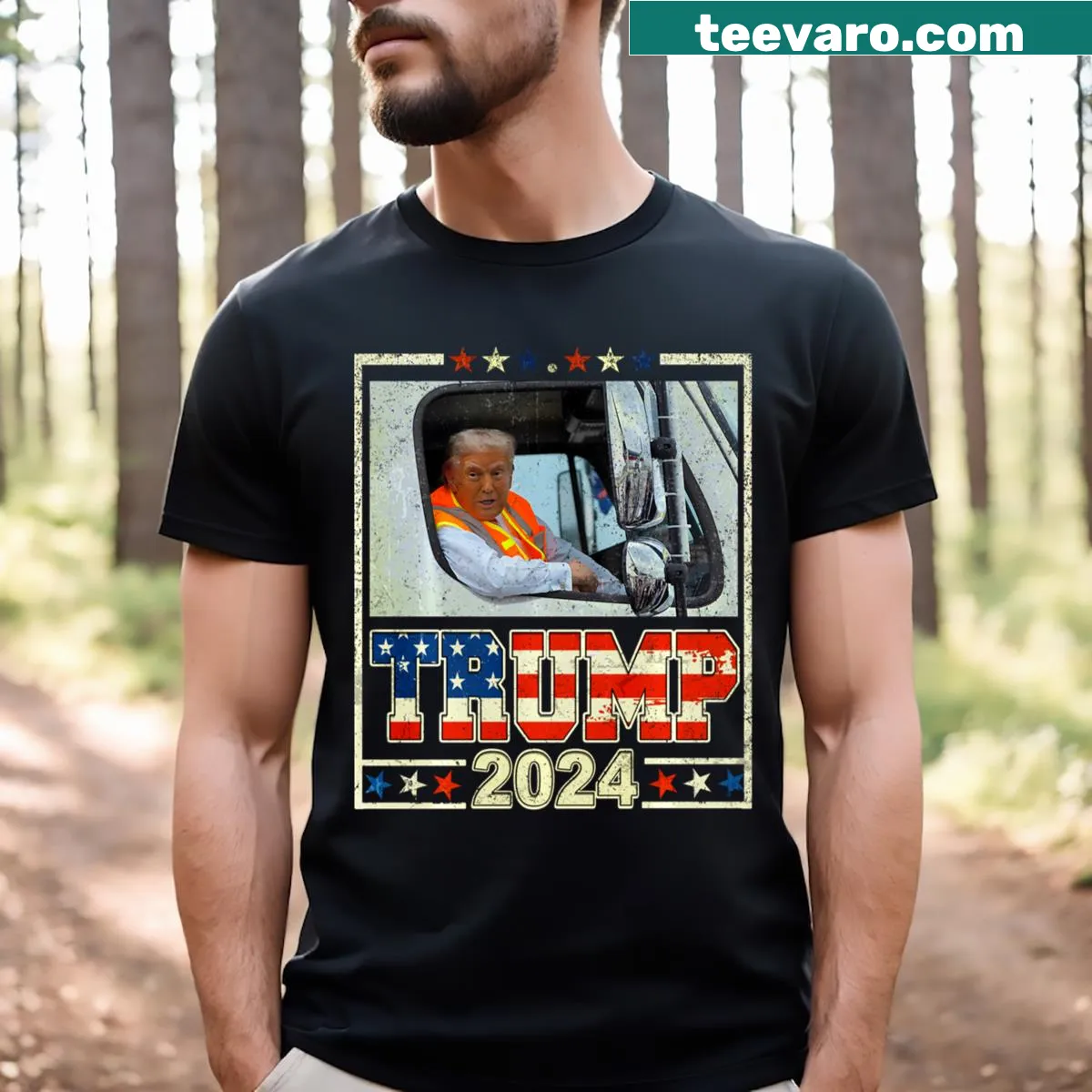 Cartoon graphic of Donald Trump in a garbage truck — on a men's t-shirt