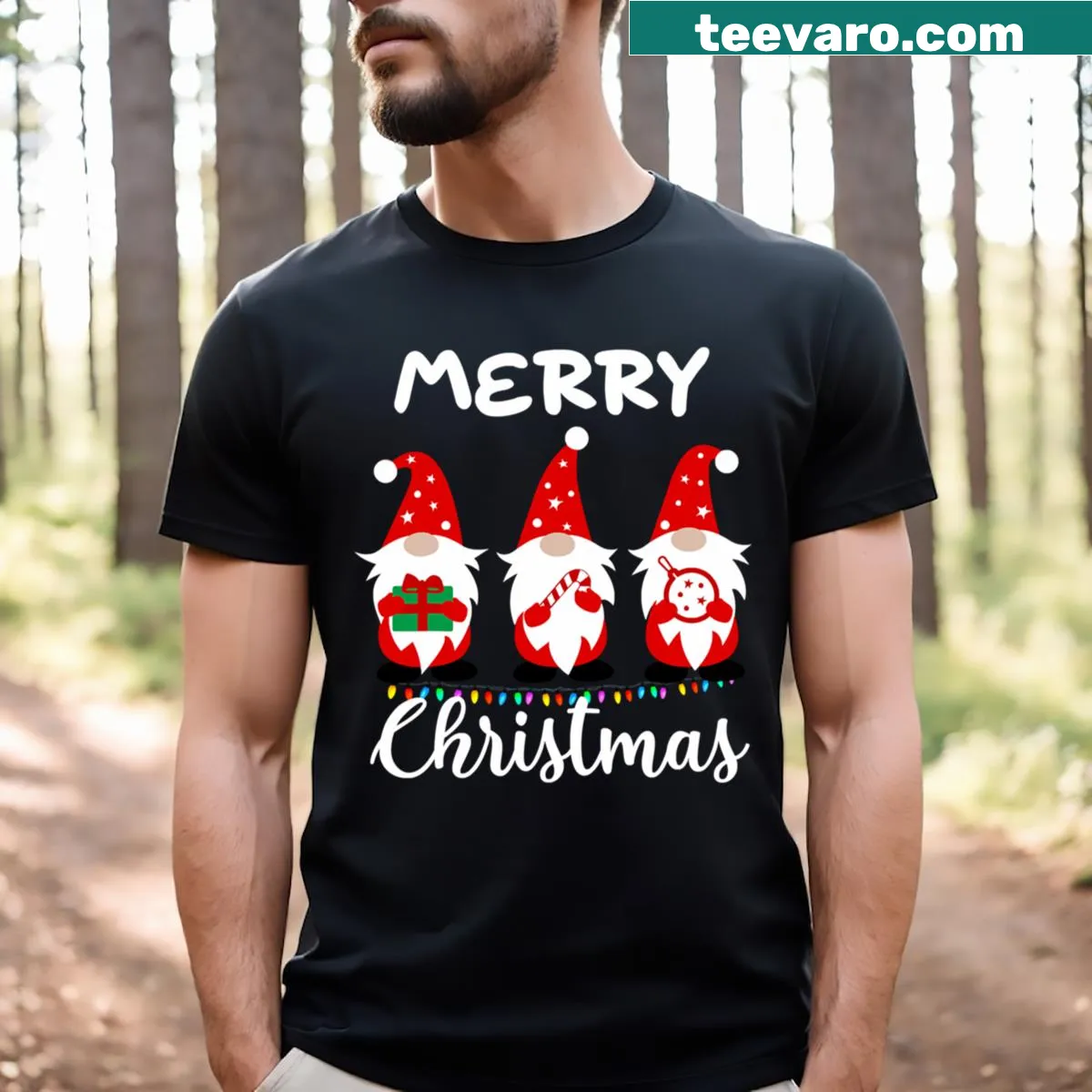 Cute Family Christmas T-shirt with gnomes illustration — on a men's t-shirt