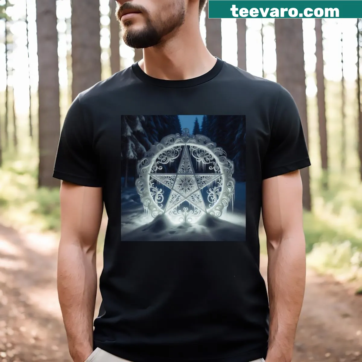 Intricate line-art filigree ice pentacle on a t-shirt — on a men's t-shirt