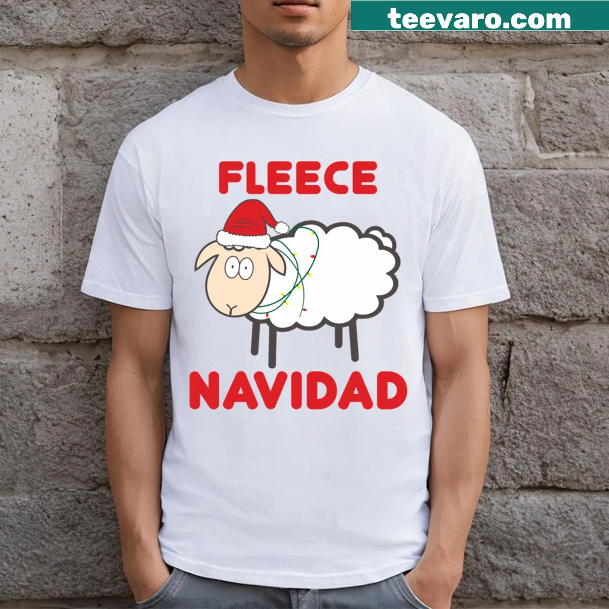 Funny T-shirt saying 'Fleece Navidad' in playful typography for the holidays. — on a men's t-shirt