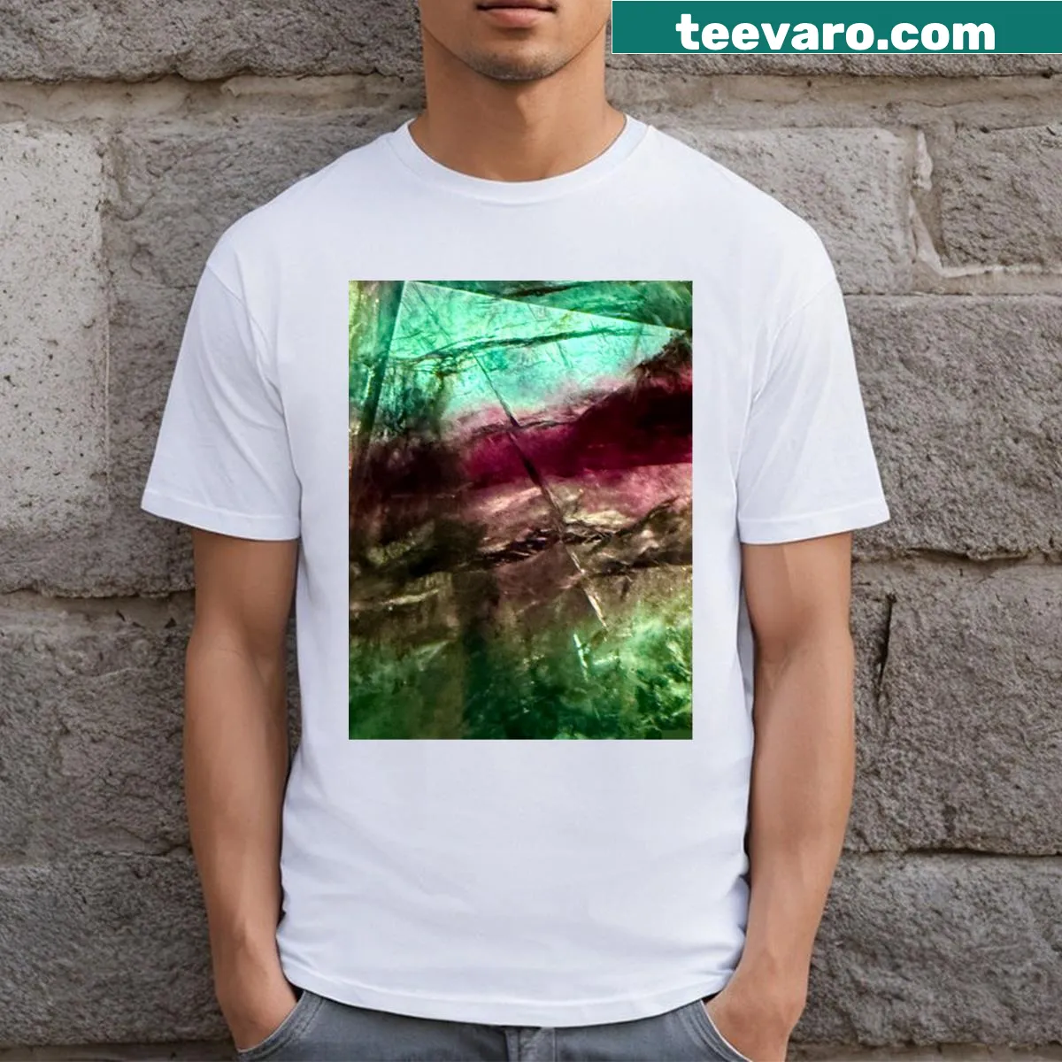 Illustration of fluorite mineral on a stylish t-shirt — on a men's t-shirt