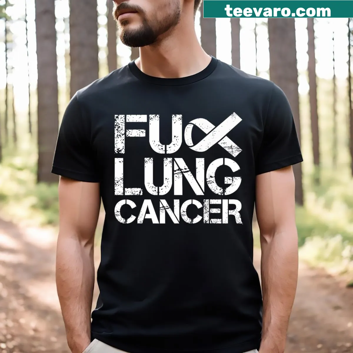 Bold statement T-shirt for lung cancer awareness with humorous text — on a men's t-shirt