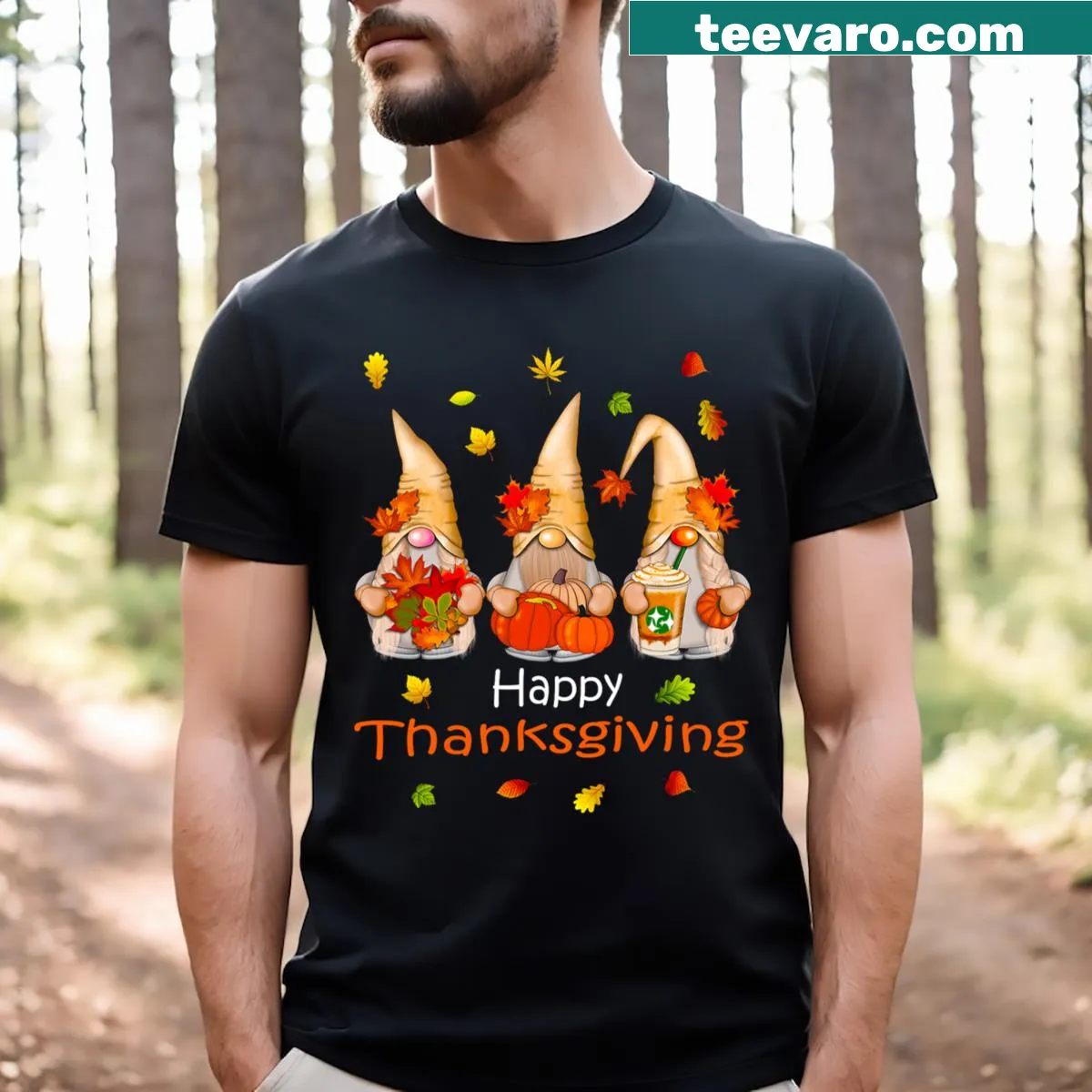 Whimsical Thanksgiving shirt featuring gnomes in festive wear — on a men's t-shirt