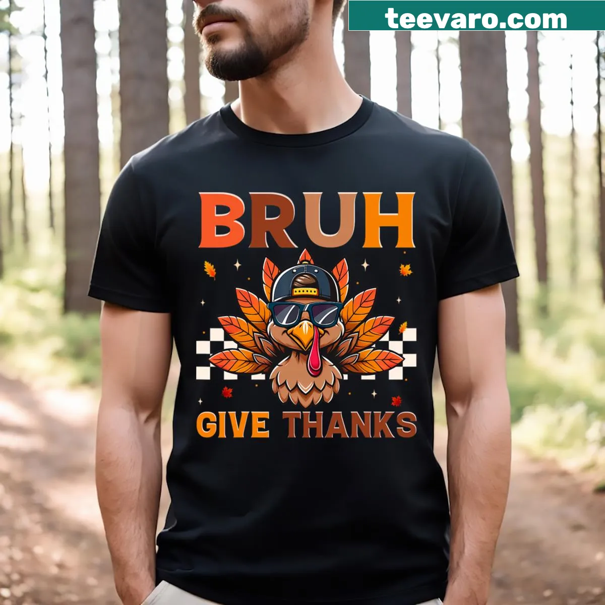 Cartoon turkey with humorous expression on a Thanksgiving T-shirt — on a men's t-shirt