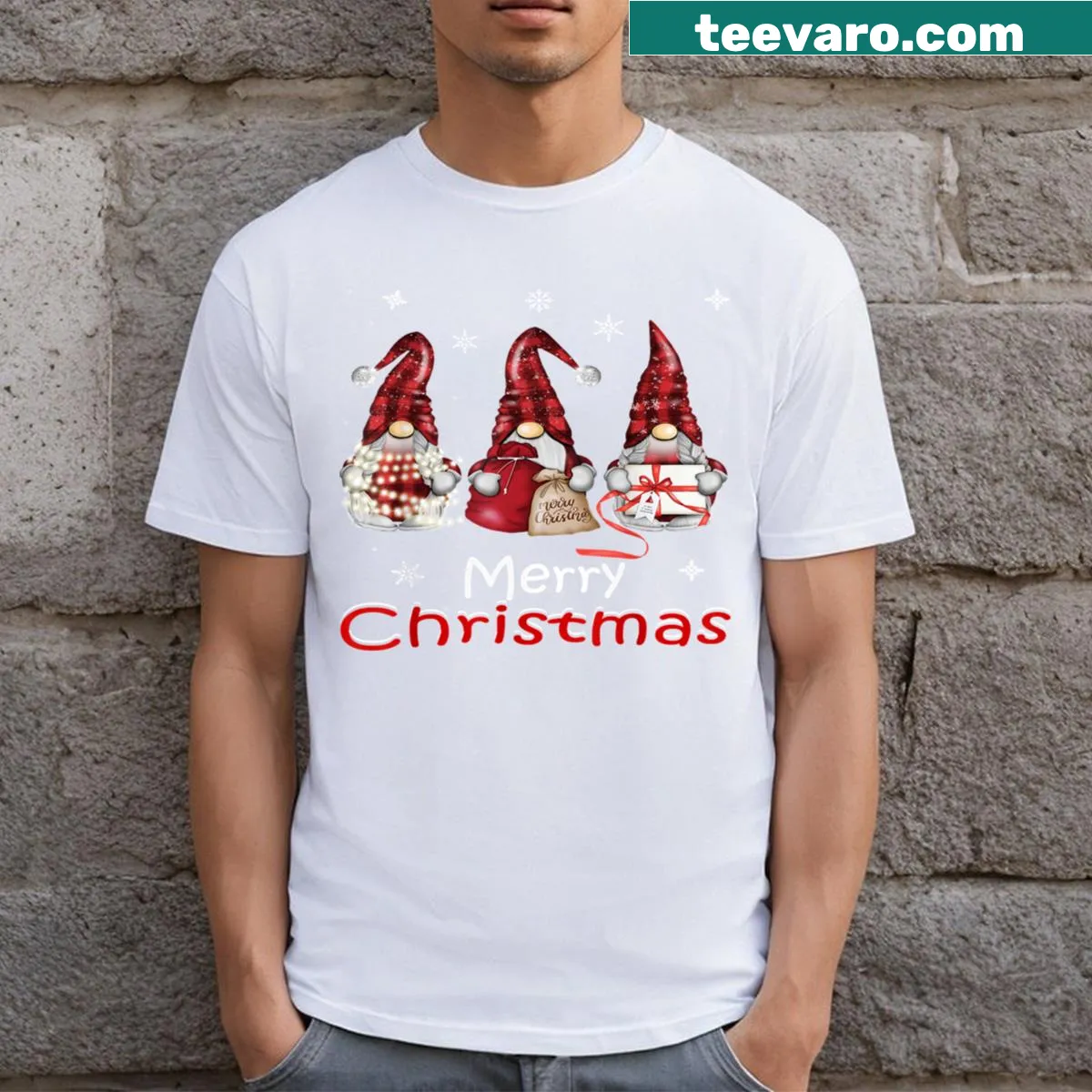 Gnome family Christmas T-shirt for men with playful typography — on a men's t-shirt