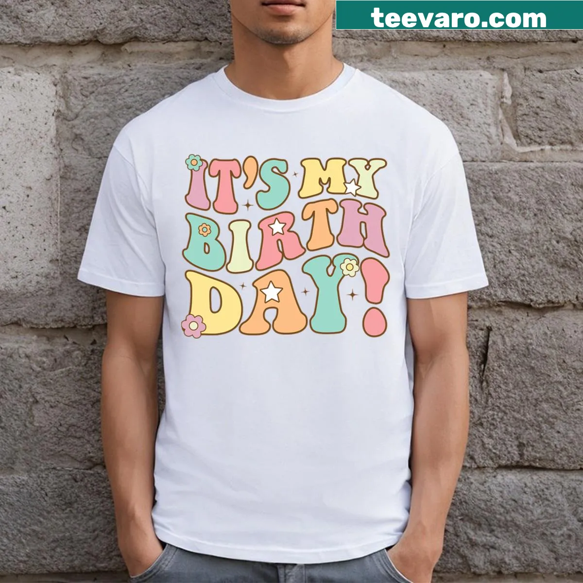 Cheerful T-shirt featuring a groovy flower design for birthday celebrations. — on a men's t-shirt