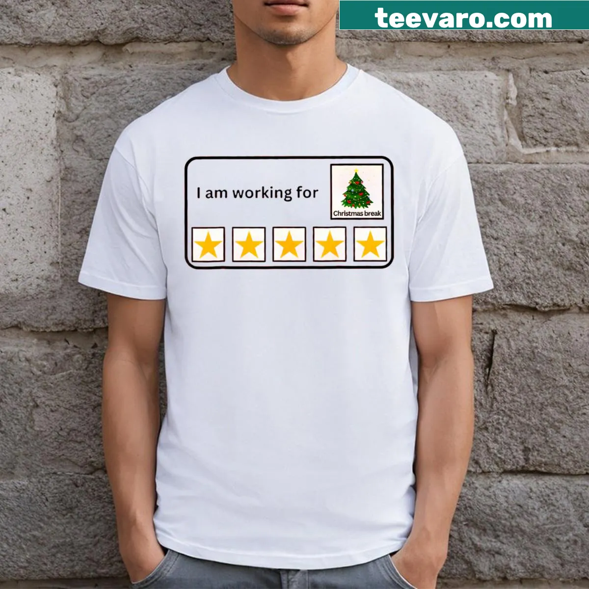 Humorous Christmas T-shirt for teachers about working for break — on a men's t-shirt