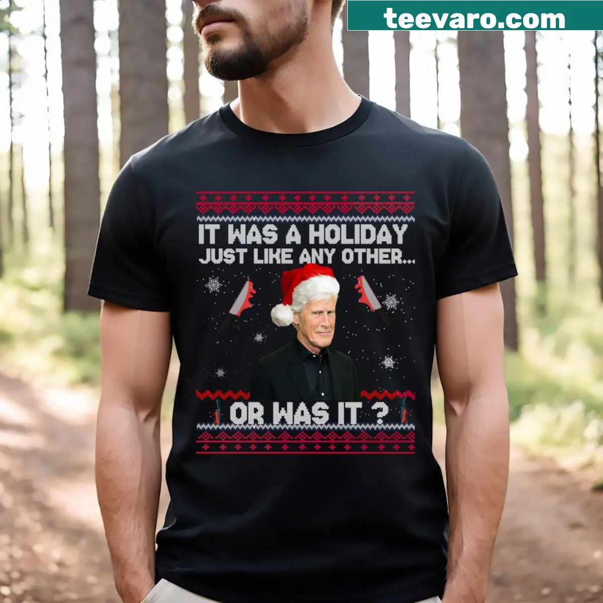 Funny Christmas T-shirt with true crime theme and holiday text — on a men's t-shirt