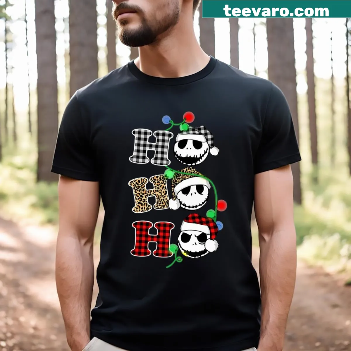 Jack Skellington on a festive T-shirt with 'Ho Ho Ho Merry Christmas' text — on a men's t-shirt