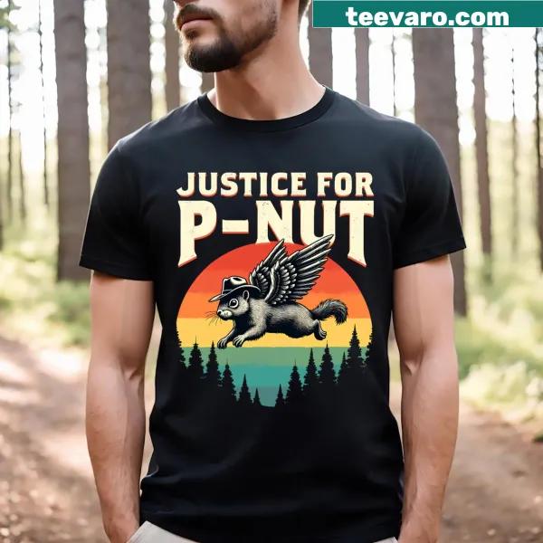 Vintage-style t-shirt with a squirrel in a cowboy hat advocating for Justice For Peanut