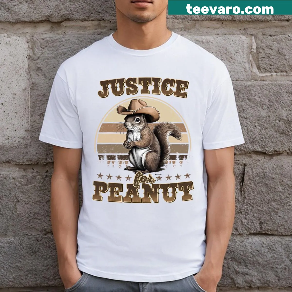 Justice For Peanut The Squirrel t-shirt with playful design — on a men's t-shirt