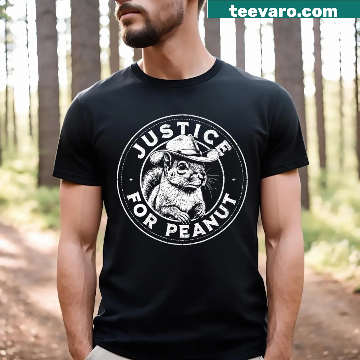 T-shirt featuring a design advocating for Peanut the Squirrel. — on a men's t-shirt