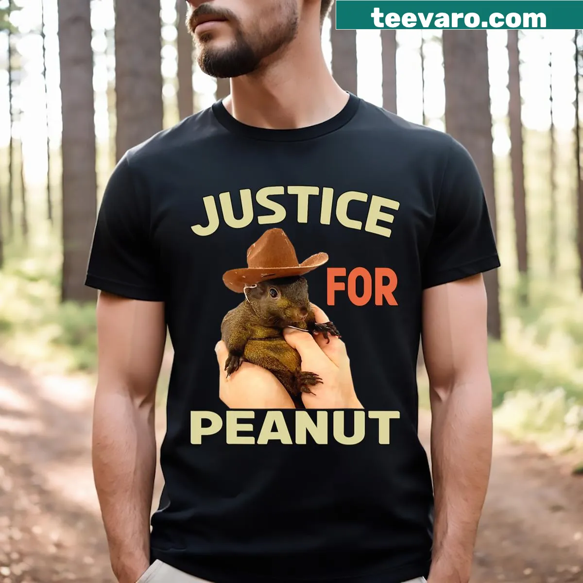 T-shirt supporting 'Justice For Peanut The Squirrel' with a cheerful design. — on a men's t-shirt