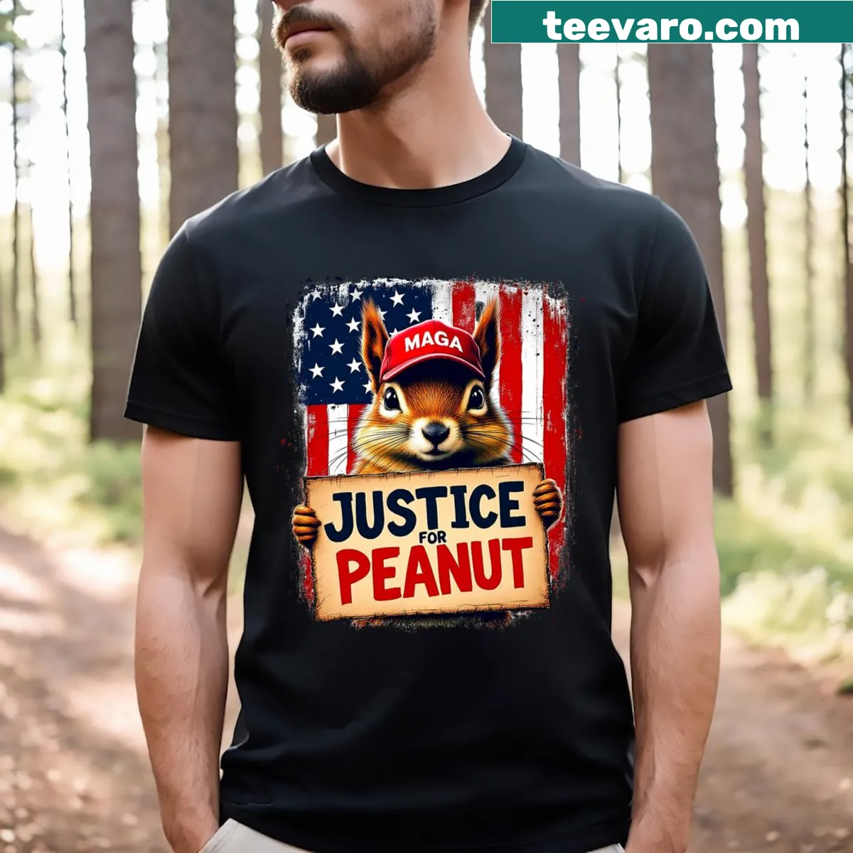 Justice For Peanut The Squirrel tee with playful design — on a men's t-shirt