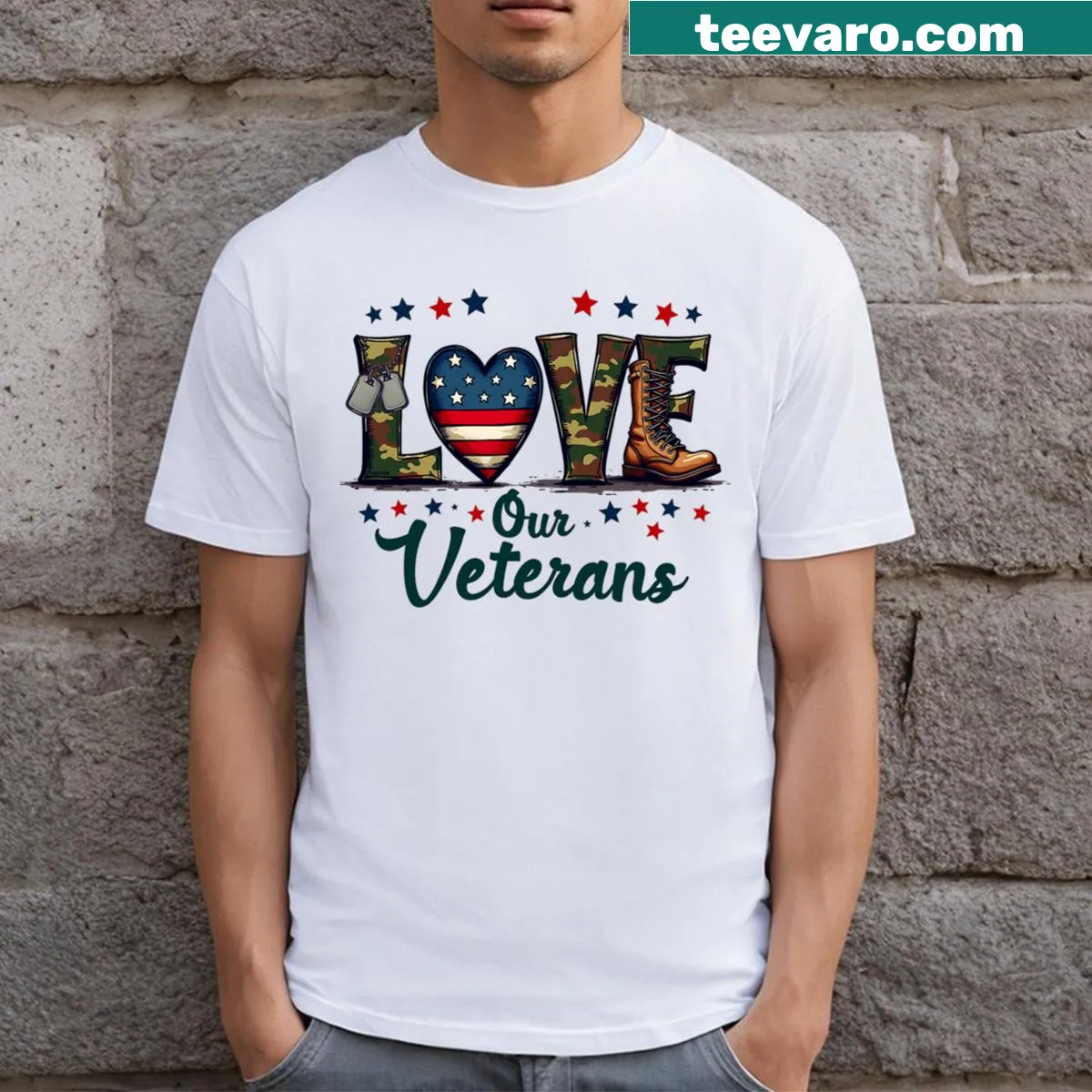 Proud Military Veteran Day shirt with bold patriotic text — on a men's t-shirt