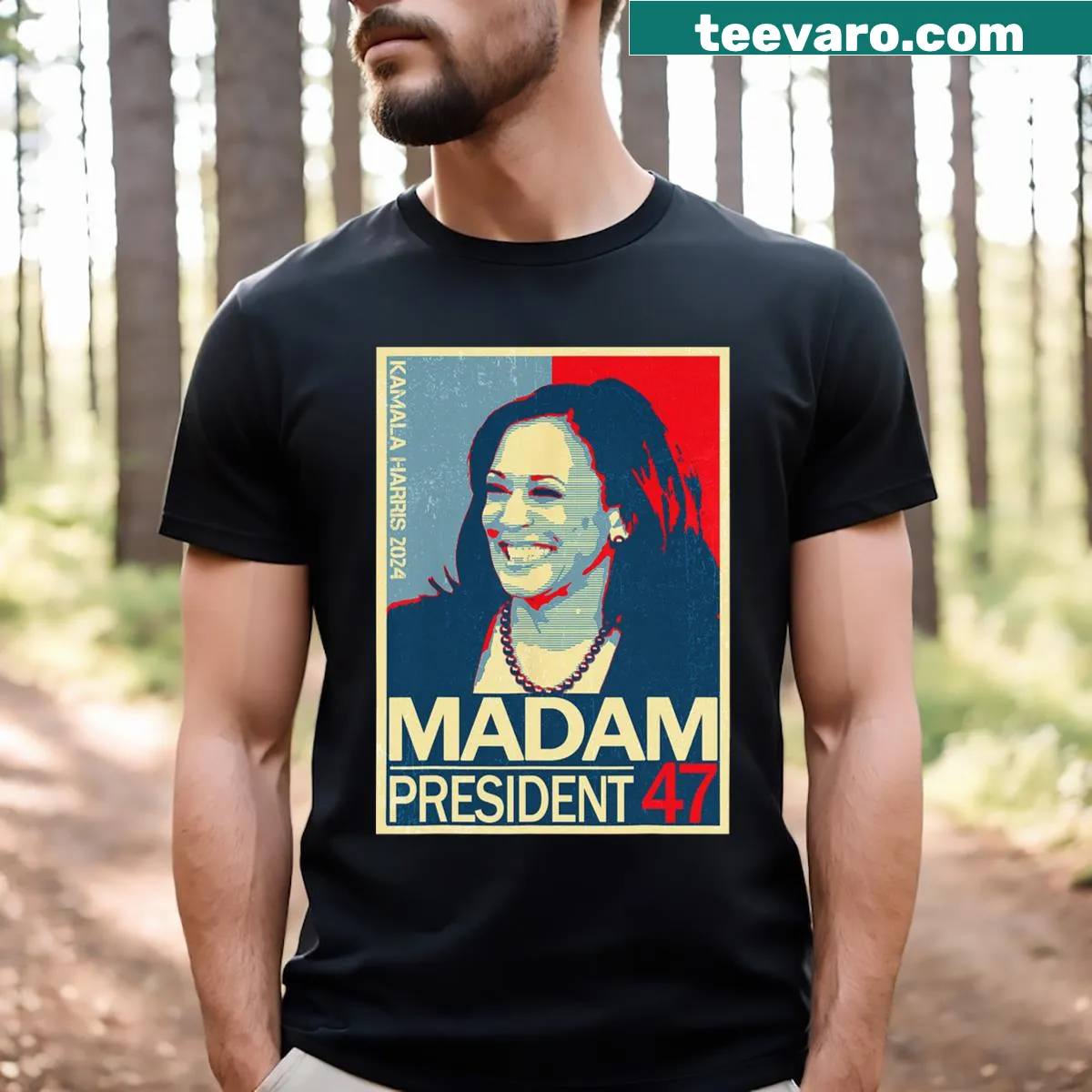 Bold graphic shirt supporting Kamala Harris for President 2024 — on a men's t-shirt