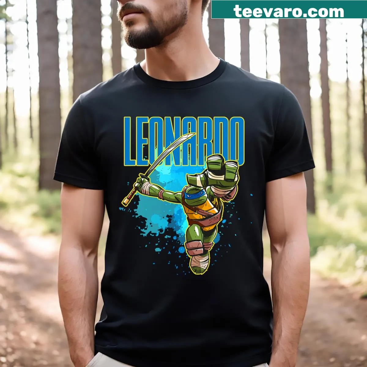 T-shirt featuring Leonardo from Teenage Mutant Ninja Turtles with splatter paint design — on a men's t-shirt