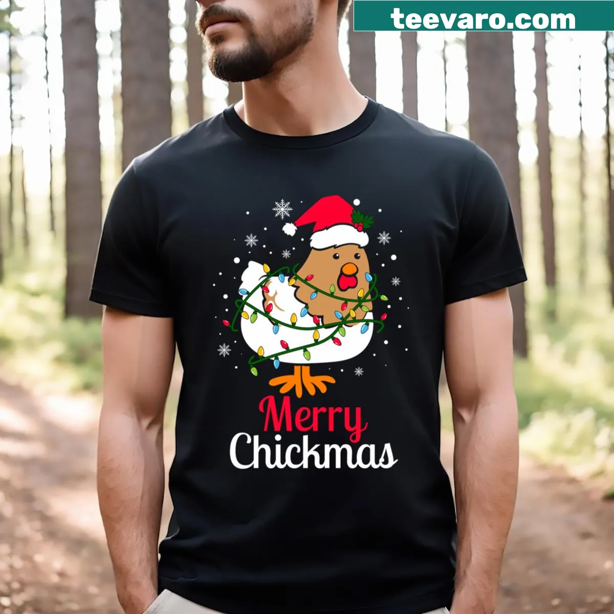 Funny Christmas chicken t-shirt with cartoon chickens and 'Merry Chickmas' text — on a men's t-shirt