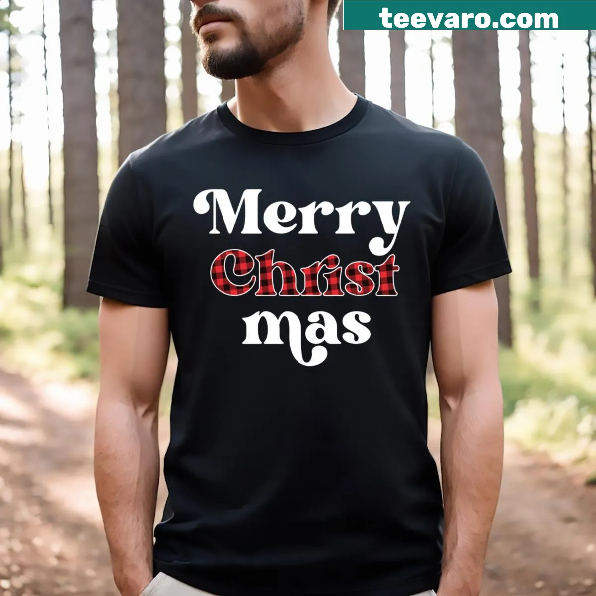 Merry Christmas Christ Mas Jesus Christian T-shirt with plaid design — on a men's t-shirt