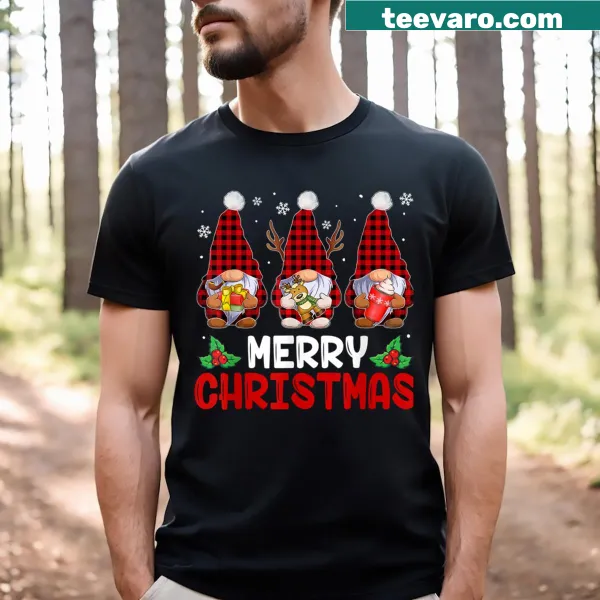 Men's Christmas T-shirt with gnome and buffalo plaid design