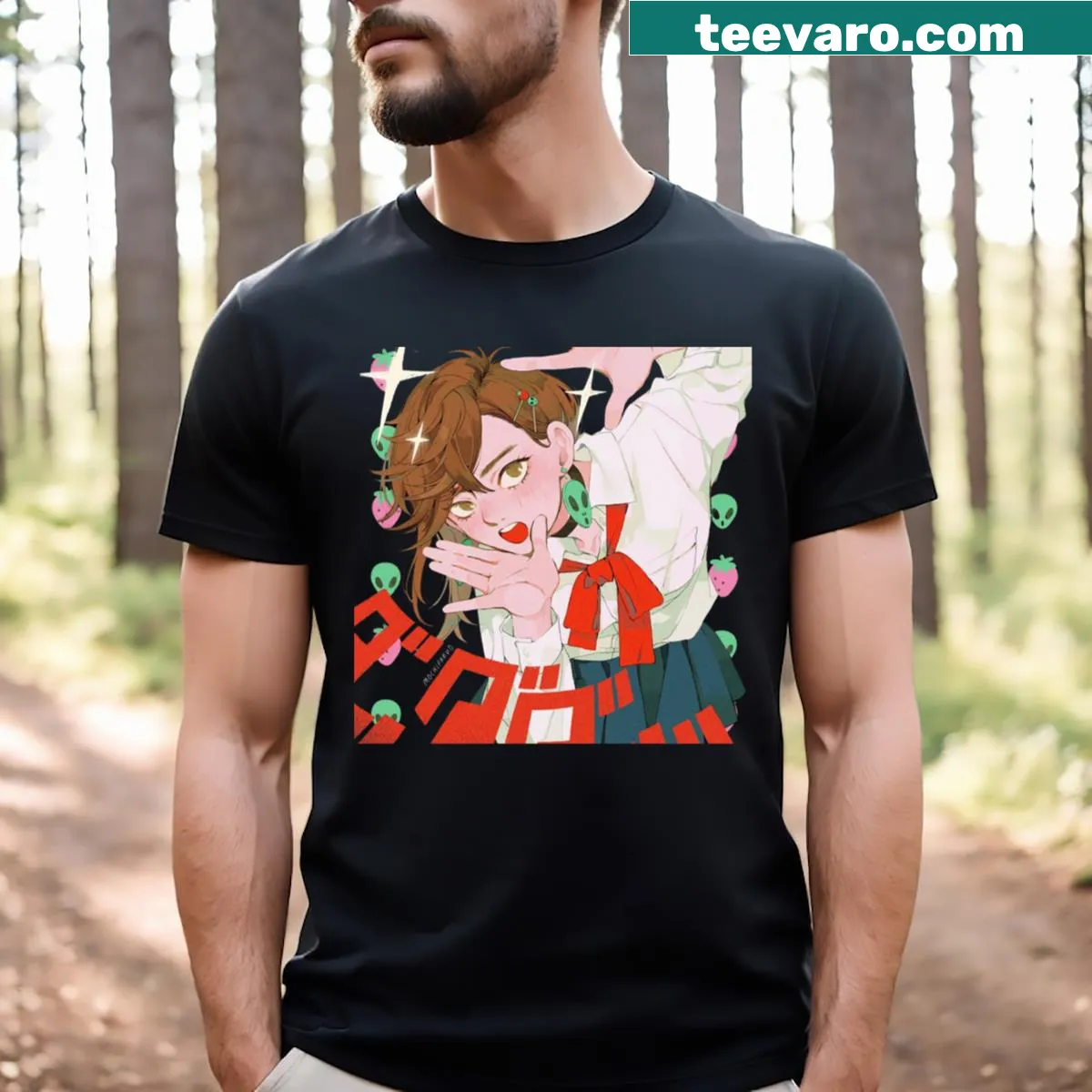 Fun Momo Ayase T-shirt with playful character illustration — on a men's t-shirt
