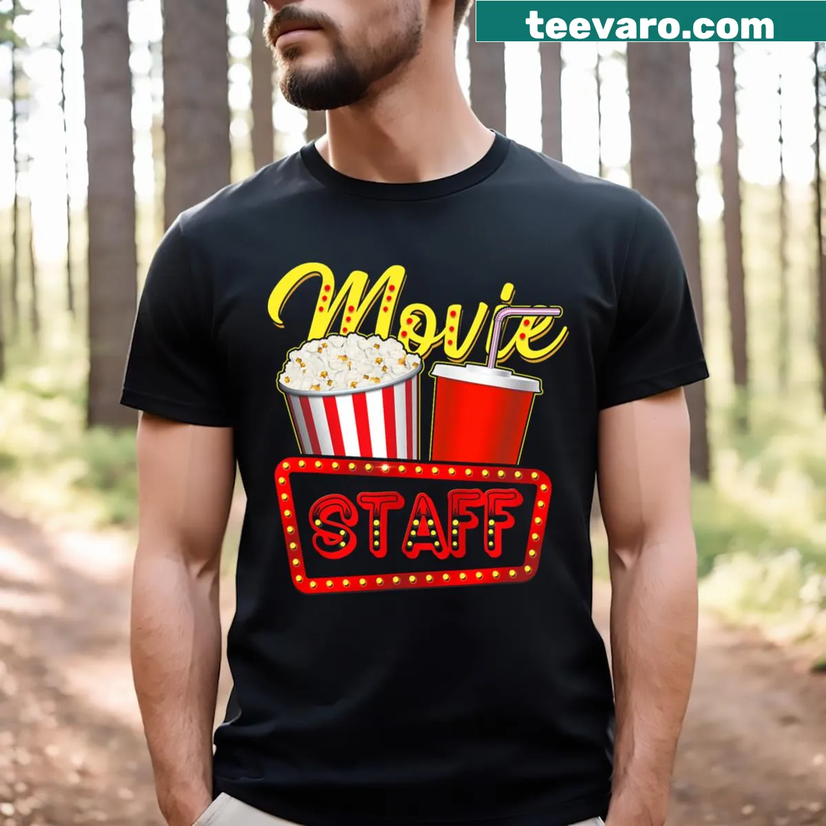 Illustrative design celebrating film crew on a Movie Staff Party T-shirt. — on a men's t-shirt