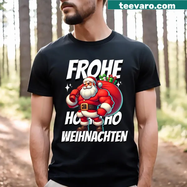 Muscle Santa Claus graphic t-shirt with festive design