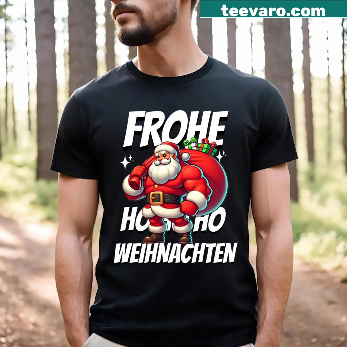 Muscle Santa Claus graphic t-shirt with festive design — on a men's t-shirt